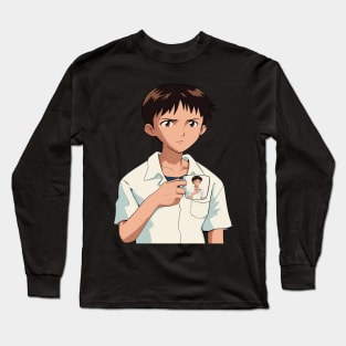 Shinji Holding a Mug HD (Shinji holding a Shinji Mug) Restored image Neon Genesis Evangelion Long Sleeve T-Shirt